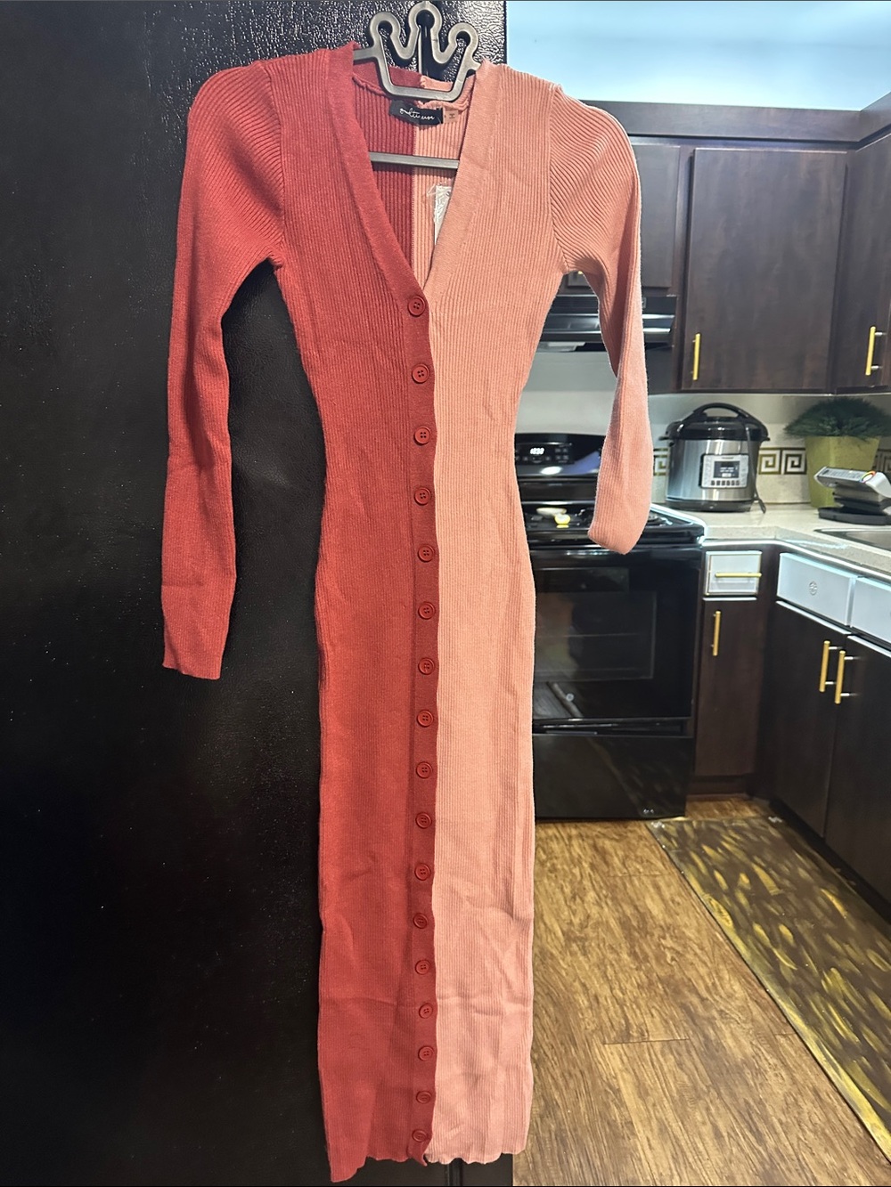 Two-Tone Button-Front Ribbed Midi Dress - Pink & Rose